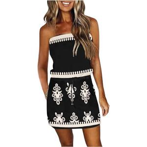 Summer Dress for Women Strapless Beach Cover Ups Boho Sundress Mini Dress Drawstring Waist with Pockets Size L
