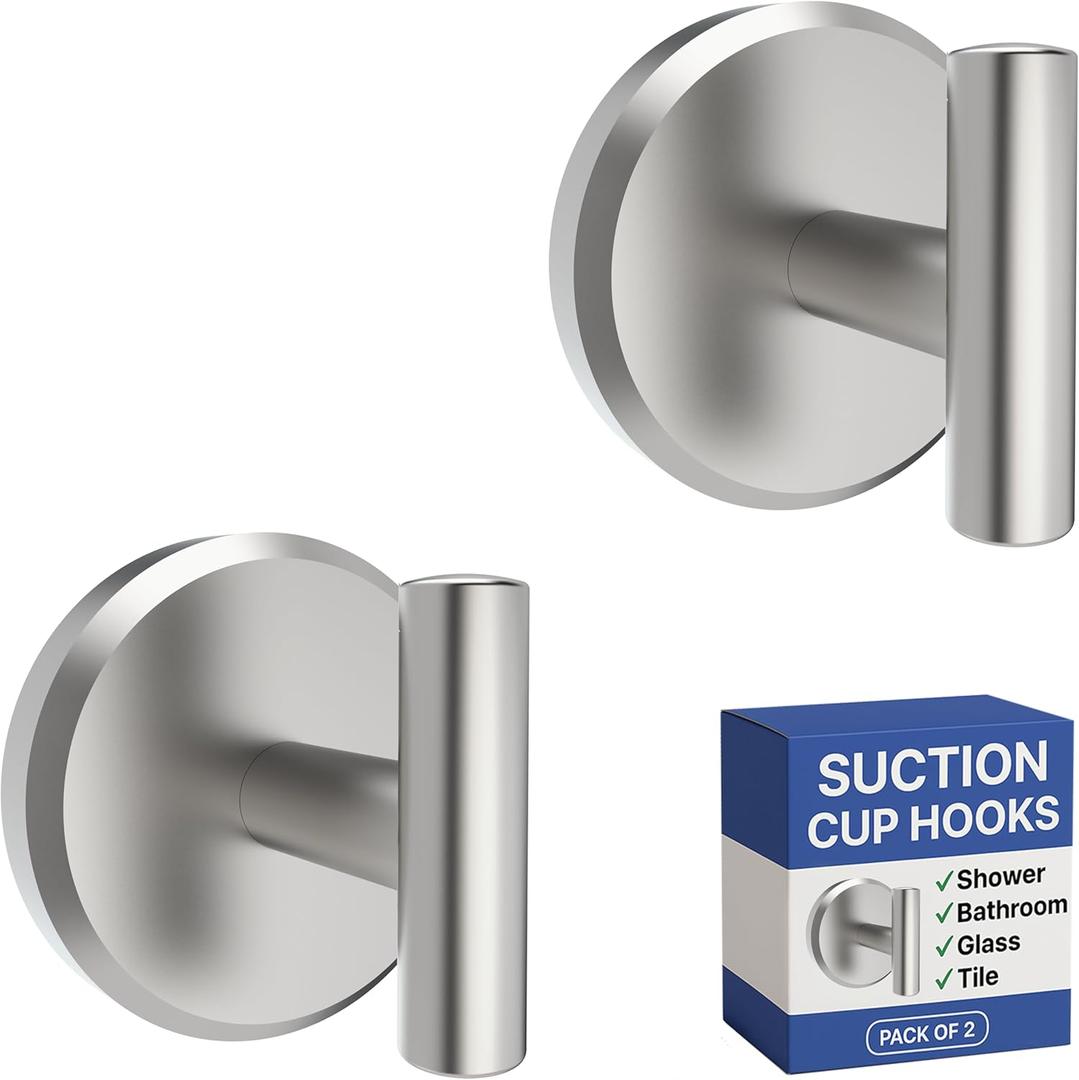 HOME SO Suction Cup Hooks T Shape (2 or 4 Pack) (Brushed Nickel, 2, Count)