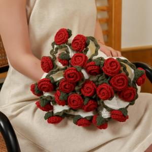 WESHIONGOO Bouquet Blanket Crochet Rose Blanket Handmade Soft and Lightweight Romantic Flower Knitted Throw Blanket (Red, 39")
