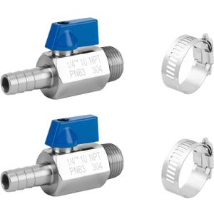 2Pack 3/8" Hose Barb to 1/4" NPT Male Mini Ball Valve 304 Stainless Steel Shut Off Valve with Clamps Kit for Air Water Fuel Gas (3/8" Barb x 1/4" NPT Male)