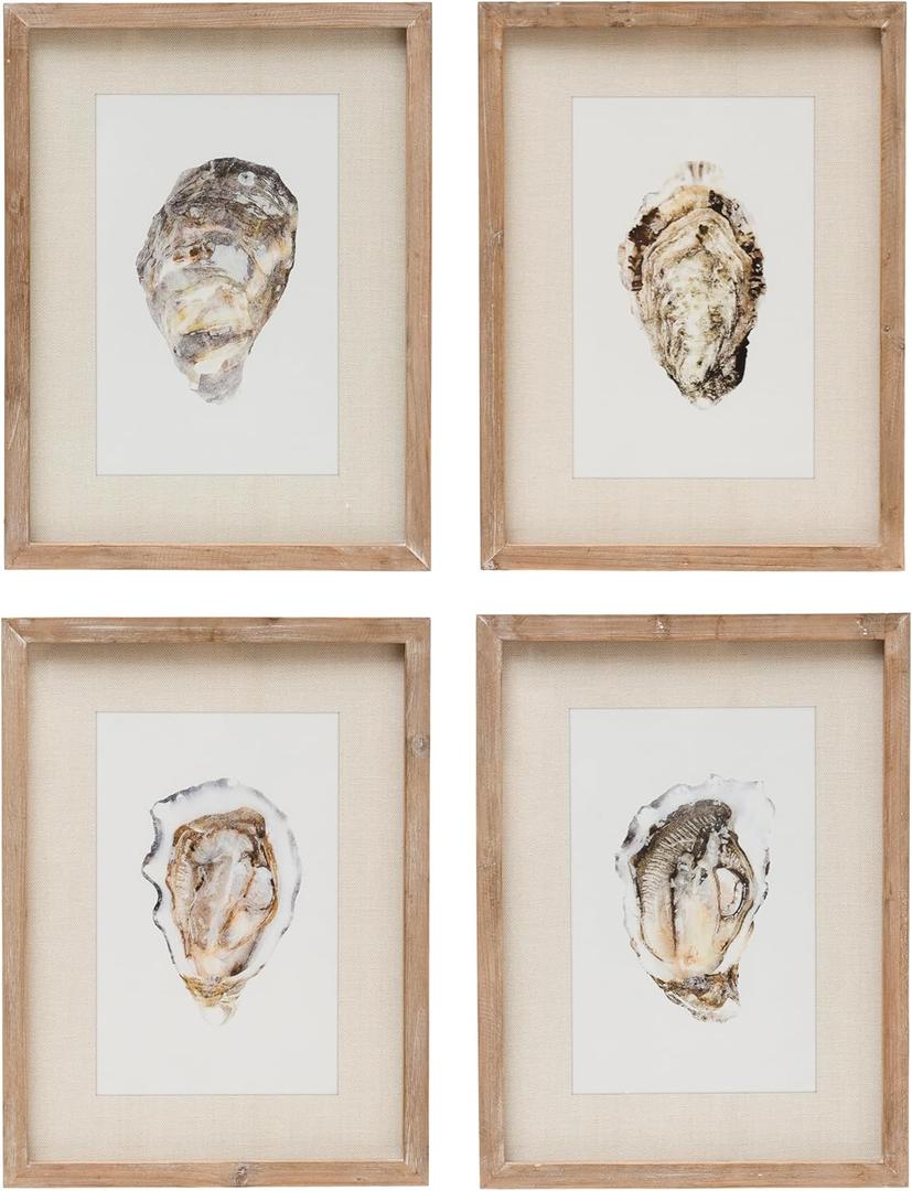 Creative Co-Op Wood Framed Wall Dcor with Oyster Print, Multicolor, Set of 4