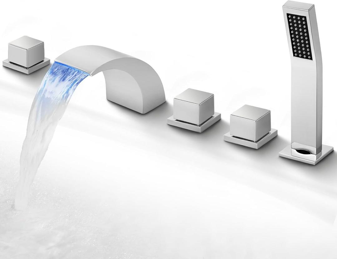 SKOWLL Waterfall Bathtub Faucet Deck Mount Tub Filler with Sprayer Polished Chrome 5-Hole Set with LED Spout and Handheld Shower