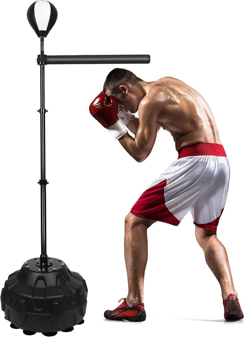 Boxing Training Kit - Punching Bag Spinning Bar, Reflex Ball & 360Rotating Rod Free Standing Design Adjustable Height for Adults Black White