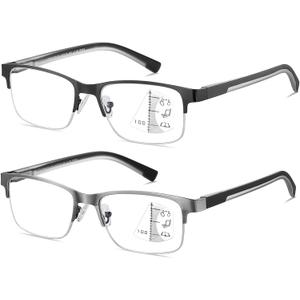 Men Progressive Multifocus Reading Glasses No-Line Bifocal Transition Blue Light Computer Multifocal Readers (Half Magnification Strength Top Multifocal(black/Brush Gun))