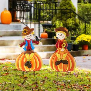 2 Pcs Fall Yard Signs Scarecrow Decorations Outdoor, 30"H Metal Thanksgiving Fall Yard Stakes Scarecrow Lawn Decor, Fall Garden Stakes for Patio Pathway Autumn Harvest Outside Decorations (Sitting)