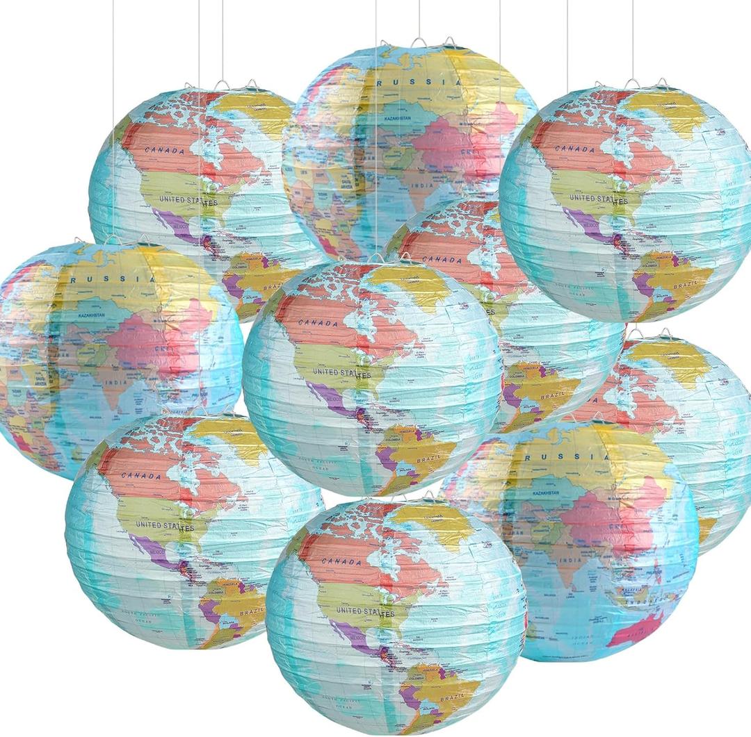 10 Pieces World Map Paper Lanterns 10 Inch Paper Globes Lanterns Map Classroom Lantern Decor Travel Map Hanging Paper Lantern for Home School Birthday Earth Theme Party Decor Supplies