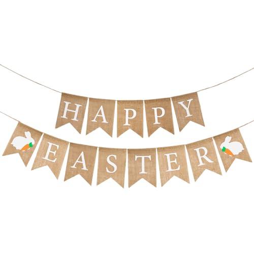 GCQQ Happy Easter Banner, No DIY Easter Garland, Cute Bunny Banners, Rustic Easter Banner Decorations for Fireplace, Mantle or Outdoors Decoration