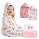 Looxii Baby Bath Towels 2 Pack Muslin Hooded Baby Towels for Newborn and Infants, 100% Cotton, Large 32x32Inch, Soft and Absorbent Pink+Flowers