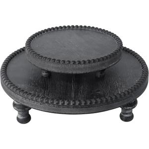 SwallowLiving Rustic Set of 2 Black Round Wood Tray Riser Farmhouse Pedestal Stand with Beaded Edge for Decor Whitewash Finish Wooden Cupcake Display for Cakes and Decorative Items 11.8/7.5 inches