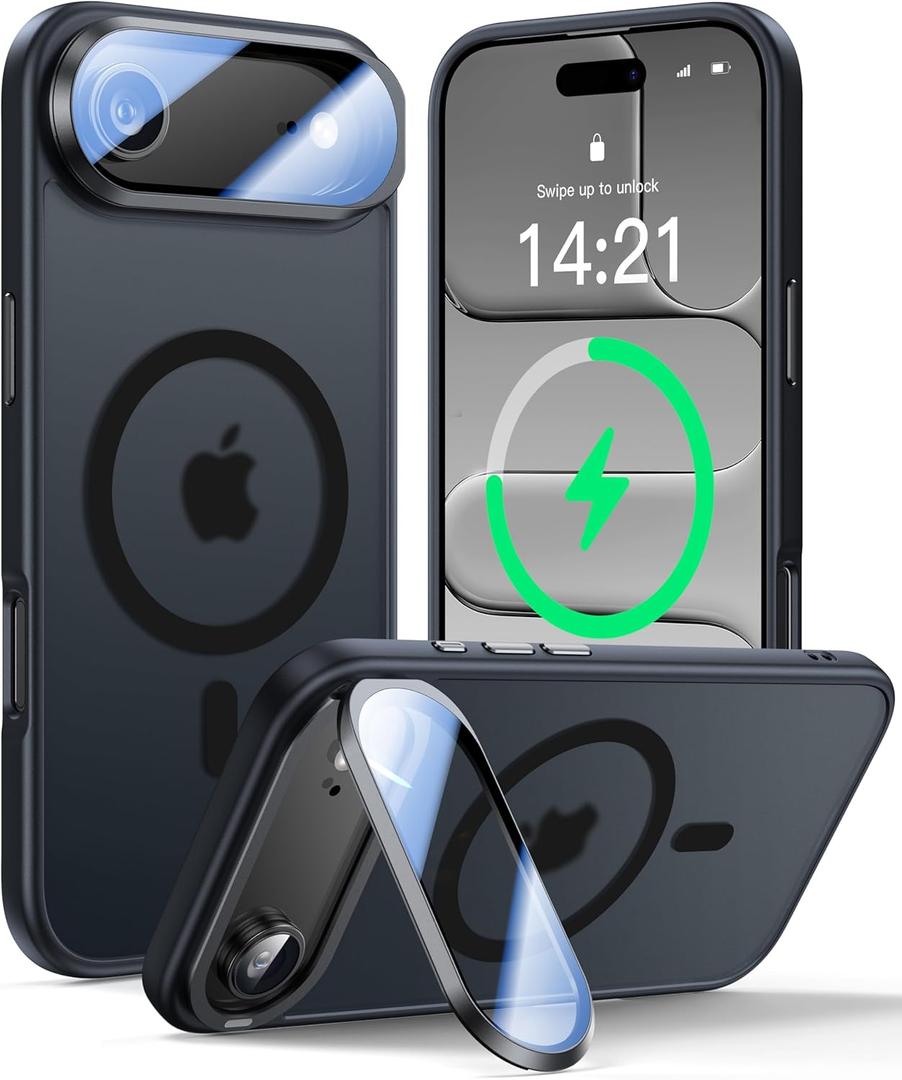 [Upgraded Full Camera Protection] for iPhone Air Case with Camera Cover Stand [Fit for MagSafe][10FT Mil-Grade Protection] Translucent Magnetic Phone Cover for iPhone 17 Air Case, Black