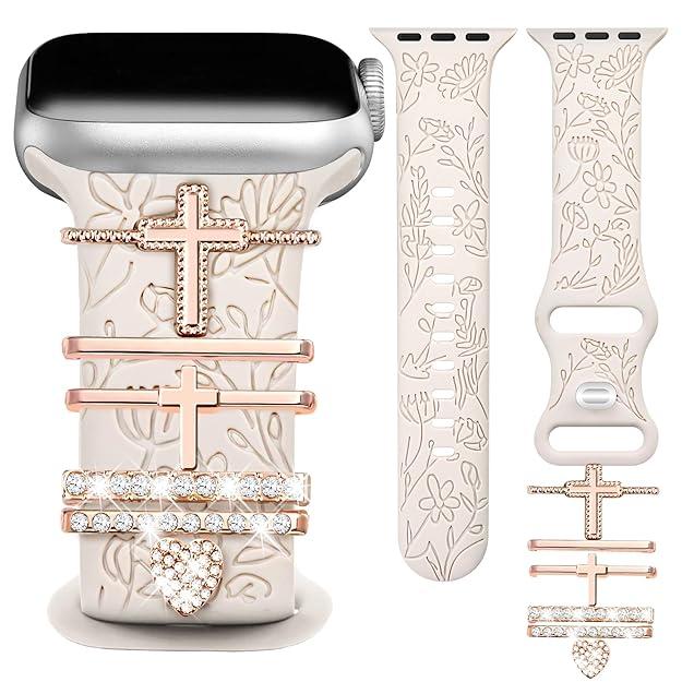 JR.DM Floral Engraved Band Compatible with Apple Watch 42mm 40mm 41mm 38mm Women, Soft Silicone Dressy Straps Decorative with Charms for iWatch Series 11 10 9 8 7 6 5 4 3 2 1 SE
