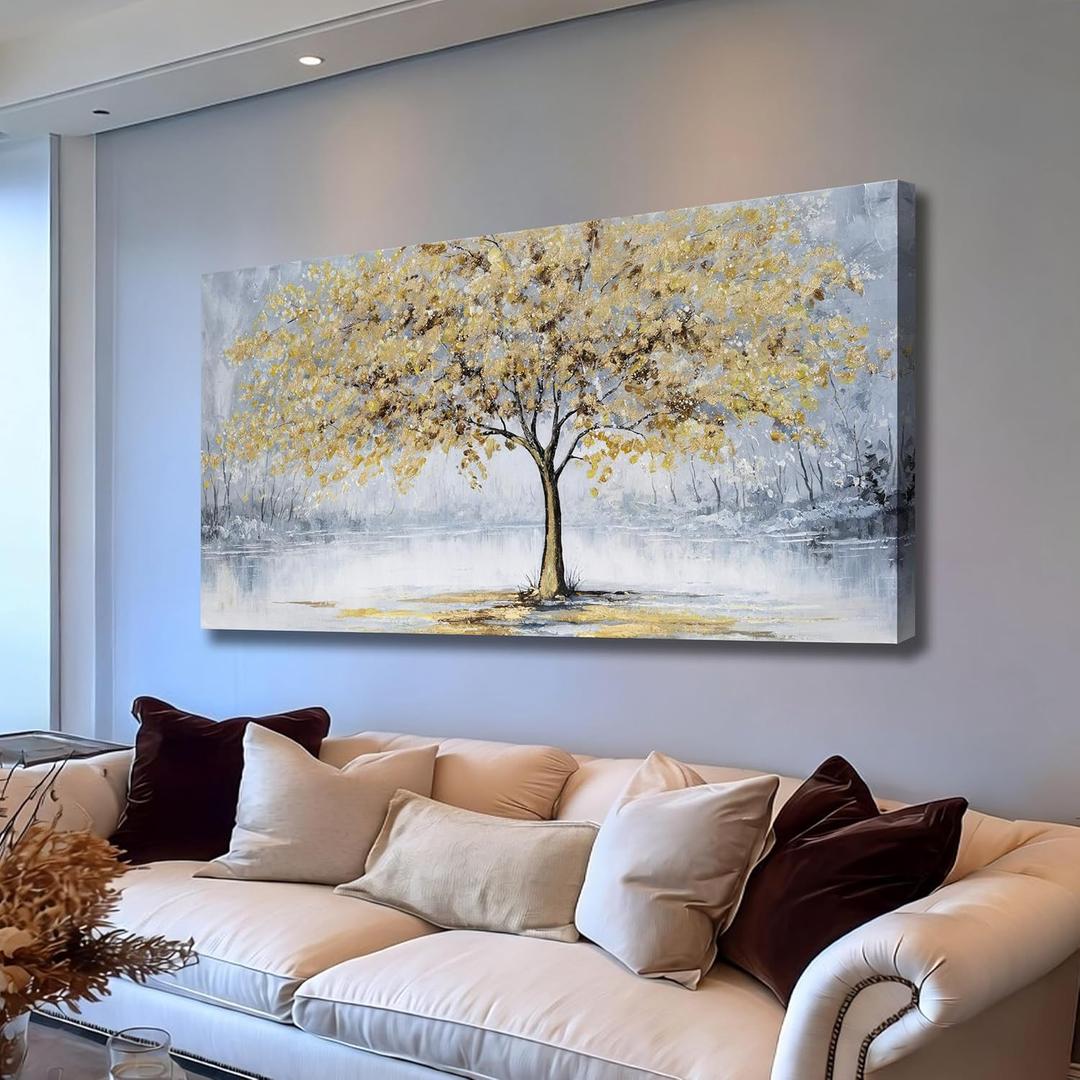 Belmrxne Tree Wall Art White and Gold Wall Decor for Living Room Aesthetic Canvas Painting Modern Wall Prints Dining Room Bedroom Artwork 24x48 Inches