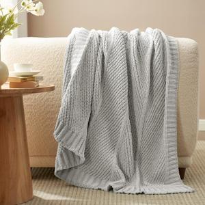 Amlie Home Chenille Knit Throw Blanket for Couch, Chevron Texture Decorative Soft Blanket for Sofa, Bed & Chair, 50"x60", Light Grey