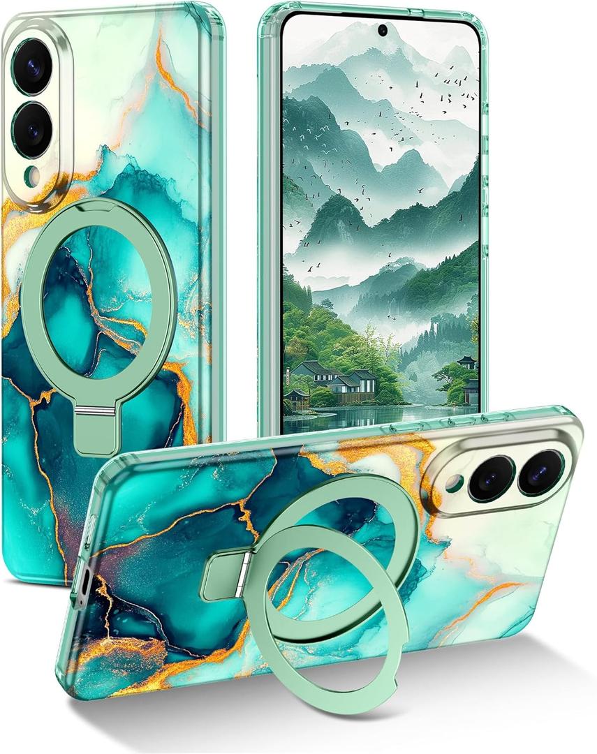 Magnetic for Samsung Galaxy S25 Edge Case with Invisible Ring Stand [Compatible with MagSafe], Full Body Rugged Slim Women Men Girl Shockproof Marble Pattern Design Case, Cyan