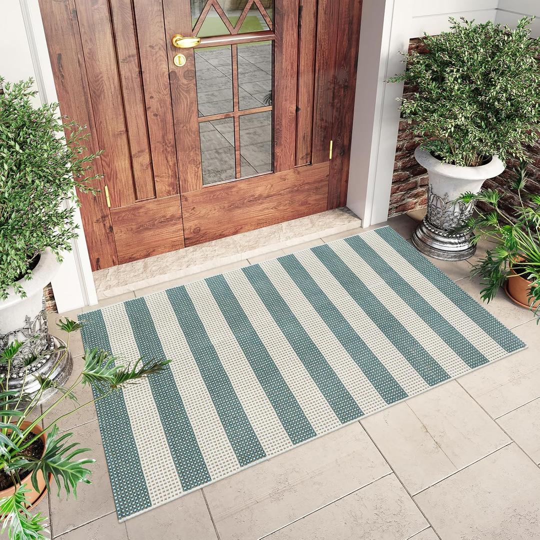 LEEVAN Outdoor Patio Rug 3x5, Washable Striped Front Porch Mat, Spring Colorful Outside Entryway Rug, Woven Welcome Doormat Dark Blue Buffalo Backyard Layered Mat for Entrance/Go Away/Deck