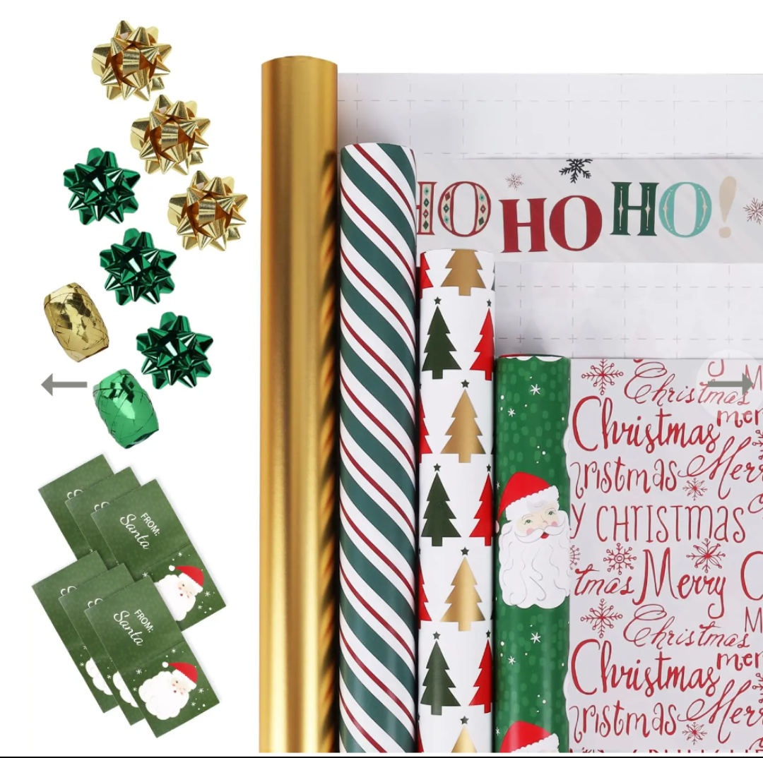 LaRibbons Christmas Wrapping Paper Set, Classic Santa & Stripe Design with Gift Bow & Ribbons & Tags, Perfect for Holiday, Party, Xmas Celebration,30 Inch X 10 Feet (4Rolls, 100 sq.ft.ttl.)
