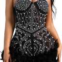 Sexy Feather Rhinestone Halter Jumpsuit Backless Romper Outfit Birthday Party Dress, XL