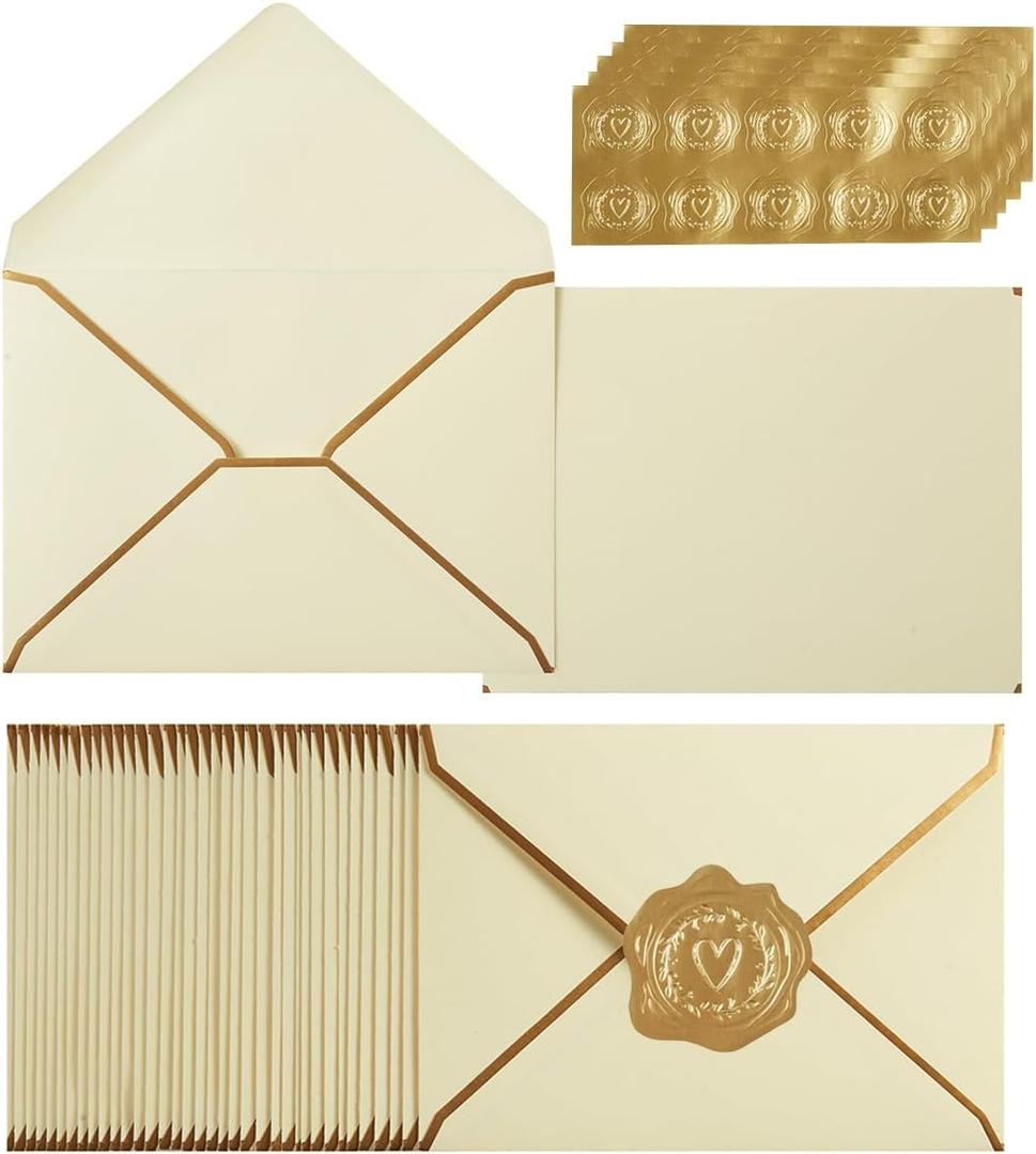 100 Pack A7 Envelopes 5 x 7 Card Envelopes V Flap with Gold Border for Office, Wedding Gift Cards, Invitations, Graduation, Baby Shower, Parties (Cream Color, 5.32 x 7.28 Inches)