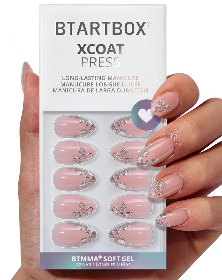 BTArtbox Press On Nails Short - Frost Glam, Lamp-Curable 3D Silver Flower Almond Press On Nails with Glue and Adhesive Tabs for Women in 16 Sizes - 32 Soft Gel Glue On Nails Kit