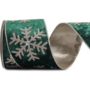 4 Inch Green Velvet Wired Ribbon 10 Yards Snowflake Metallic Crushed Velvet Christmas Ribbon for Gift Wrapping Christmas Tree Decoration Crafts Wreaths Supplies-Continuous (Green, 4"-10 Yard)