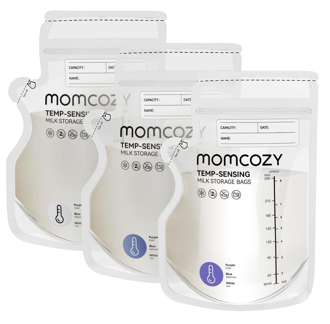 Momcozy Easy Pour Breastmilk Storage Bag, 8Oz, TempSensing Color Change, 120 Count Milk Bag with Self Standing for Breastfeeding, No Leak Presterilized for Freezer, Recyclable & BPA Free