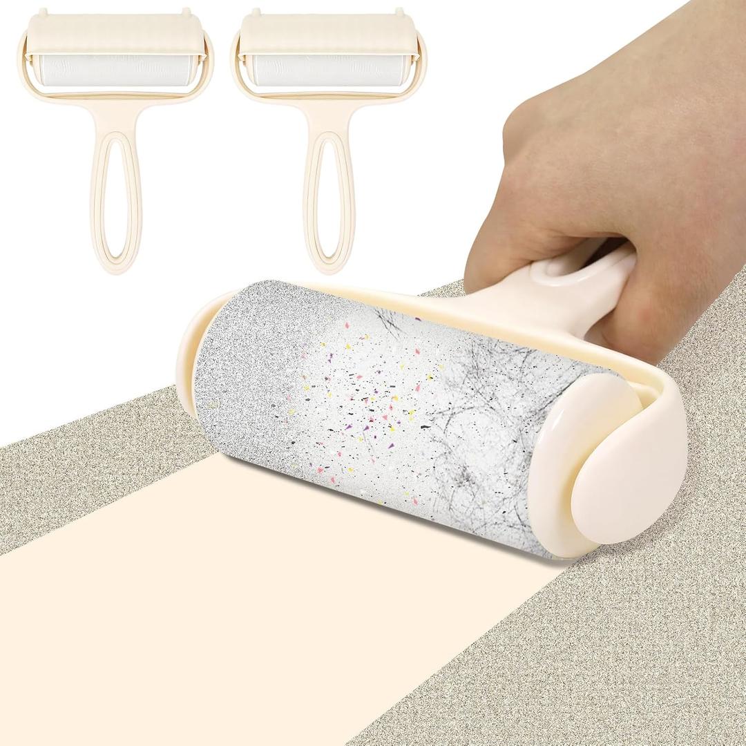 Reusable Lint Roller 2 Pack, Washable Gel Sticky Lint Roller for Pet Hair, Small Travel Size Portable Lint Roller with Handle, Hanging Hole & Dust Cover, Beige