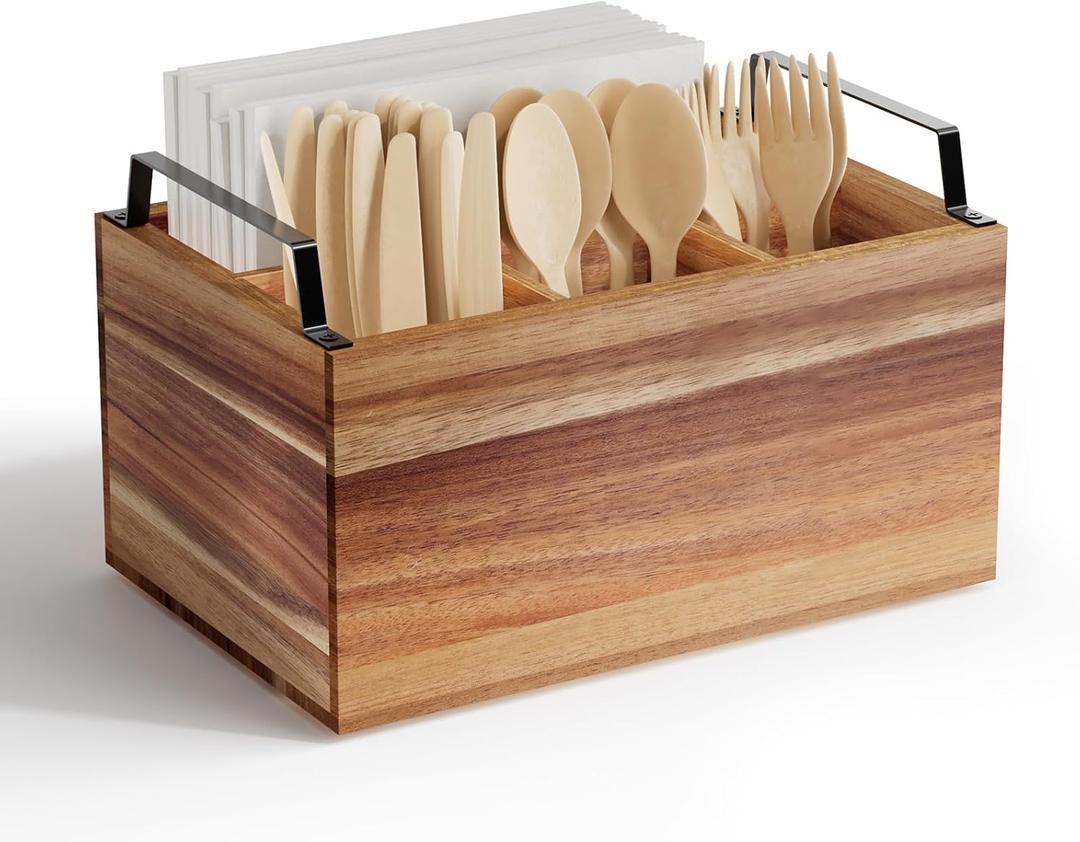 Wooden Silverware Caddy Organizer, Acacia Wooden Silverware Holder, Utensil Holder for Party, Utensil Organizer for Countertop, Wood Color (Small)