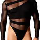 OYOANGLE Men's Long Sleeve Sheer Bodysuit Crew Neck Slim Fit Mesh Shirt Y2K Party Clubwear Streetwear (Large, Black)