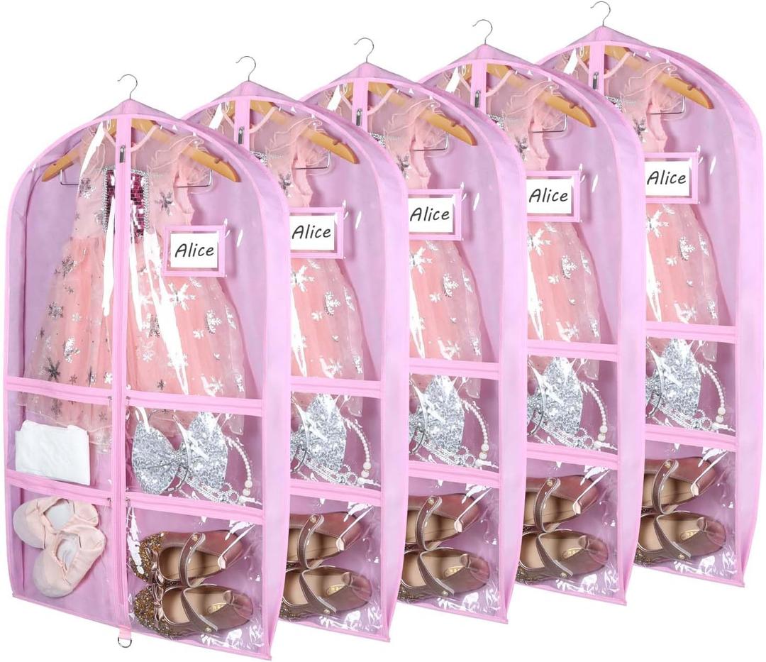 Syeeiex Clear Garment Bags with 3" Gussets (5 Pack), 40" Bags for Kids Dance Costumes with 4 Medium Zippered Pockets - Suitable for Competitions, Ballet (Clear Pink)