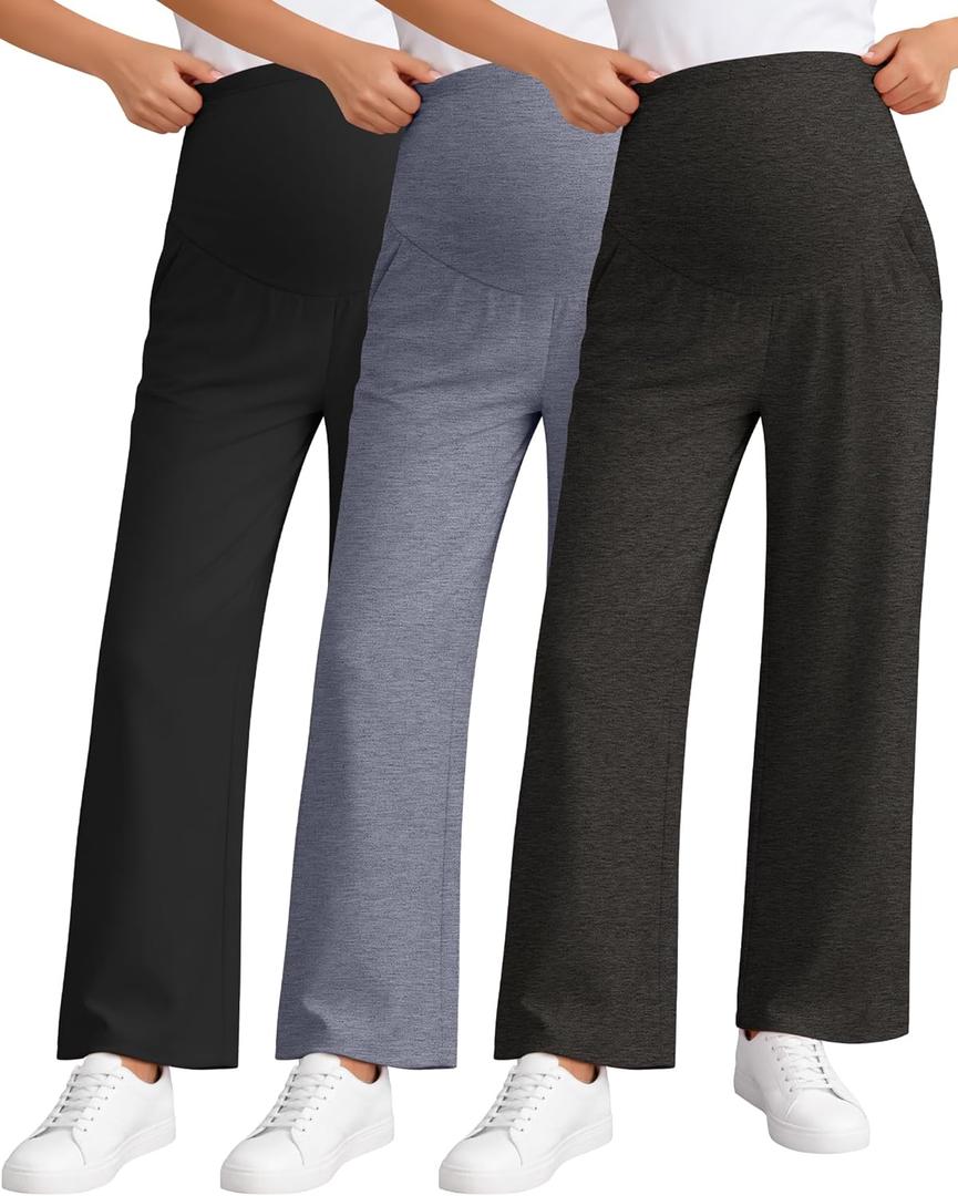 3 Pack Women's Maternity Pants Loose Wide Leg Pregnancy Sweatpants Over The Belly Lounge Pants Pajama with Pockets (X-Large, Black, Cold Gray, Black Gray)