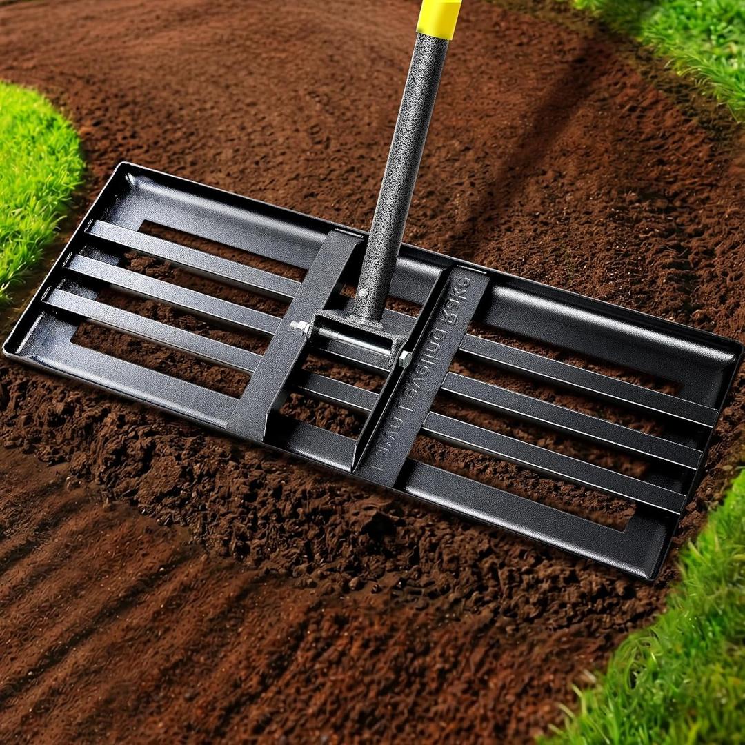 Lawn Leveling Rake, 5 FT Yard Leveler with 30 x 10 Wide Large Rakes Head for Smooth Garss Soil Sand Dirt, High Effect Ground Leveling Tool with Round Edge for Landscape Golf Course, No Flip