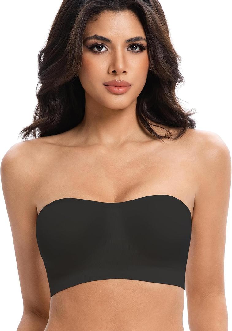 Lusait Strapless Bras for Women Non-Slip Seamless Padded Bandeau Bra Wireless Convertible Tube Top Bralette (Black, S)