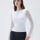 SUUKSESS Women Mesh Sheer Bell Sleeve Tops Double Lined Boat Neck Going Out Shirts (M)