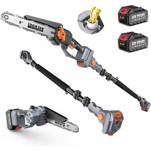 TaskStar 2-in-1 Pole Saw for Tree Trimming, 8-Inch Cordless Brushless Chainsaw with Adjustable Extension Pole, 24.0Ah Rechargeable Batteries & Charger, Auto Oiling, 15 Ft Max Reach