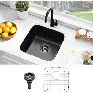 18 Inch Undermount Bar Sink, Bokaiya 18x18 Black Stainless Steel Small Wet Bar Prep Sink Big Round Corner 16 Gauge Outdoor Rv Single Bowl Kitchen Sinks with Dish Grid