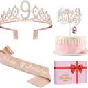 9th Birthday Decorations for Girl Including Sash, Crown, Numeral Candle and Cake Topper, 9 Year Old Girls Party Favor Supplies