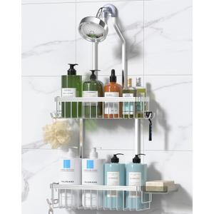 YASONIC Shower Caddy Hanging, Never Rust Shower Organizer Hanging, Aluminum Shower Racks for Inside Shower with Hooks for Razor, Bathroom Organizers and Storage with Soap Holder, Bright Silver