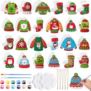 Seenelling 24 Sets Christmas Ceramic to Paint Kits, Ceramic Ornaments to Paint, Unpainted DIY Xmas Crafts Figurines, Arts and Crafts with Brush for Christmas Tree Hanging Party Decor(Ugly Sweater)