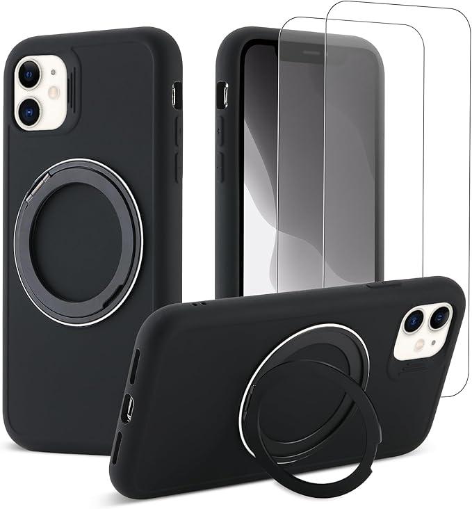 360°Rotatable Magnetic Ring Stand for iPhone 11 Case,Compatible with MagSafe,with [2 Pack Screen Protector] Military Grade Drop Shockproof Silicone Slim Phone Case 6.1 inch. (Black)