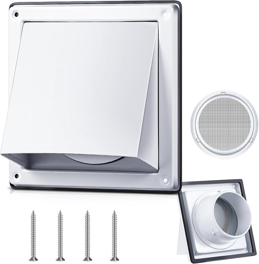 Gisafai 6 Inch Dryer Vent Cover Outdoor with Stainless Steel Screen White Wall Dryer Exhaust Vent Cover External Cap Cushioned Non Return Flap with Sealing Gasket Grille, Bird/Insect Proof