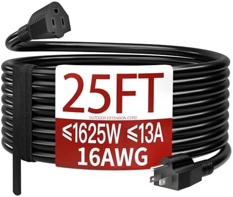 Skrizcable 16/3 25 FT Outdoor Extension Cord Waterproof, Weatherproof & Flame Retardant Black 3 Prong Power Cord Outside for Lawn & Garden, 13 Amps 1625 Watts 125 VAC 16AWG SJTW, ETL Listed