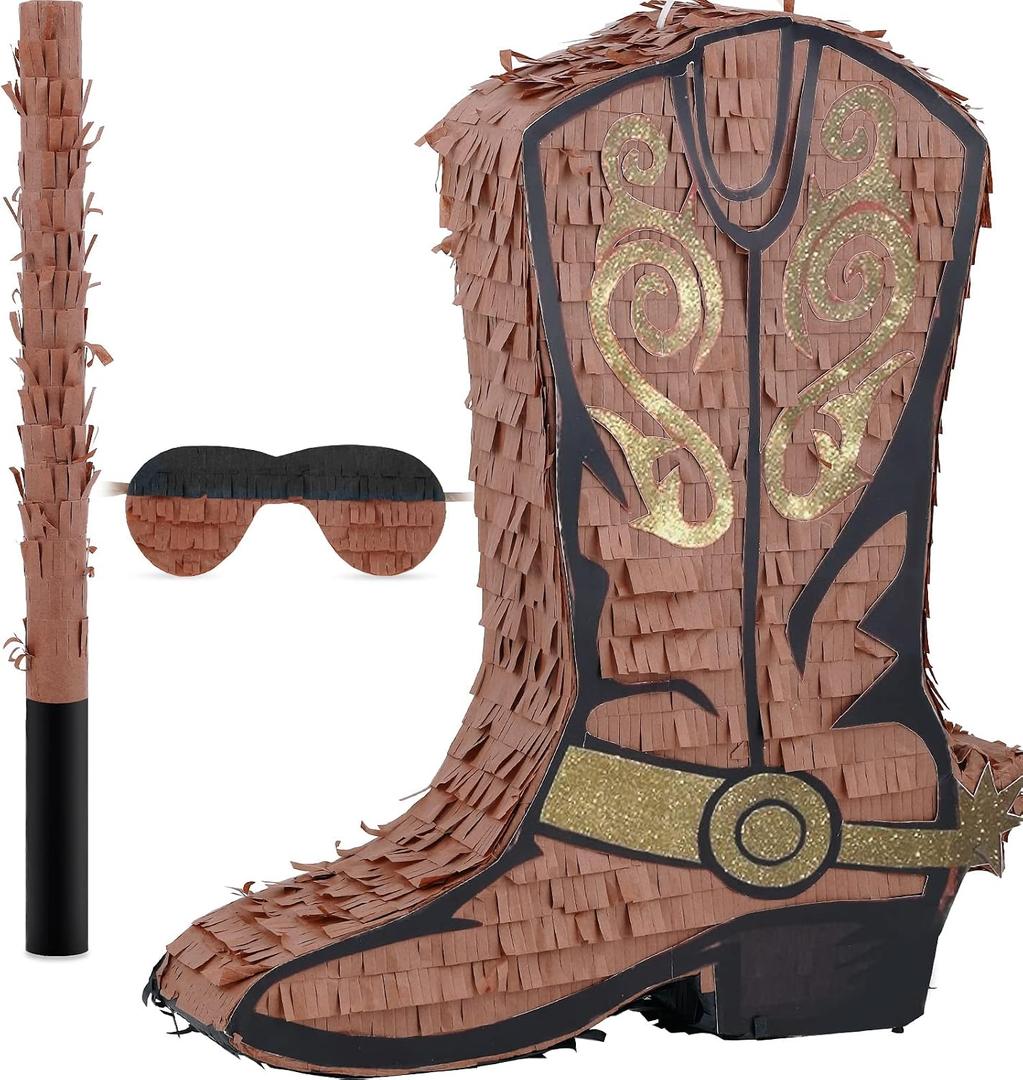 Deekin 3 Pcs Cowboy Boot Piata Set Cute Western Piata with Stick Eye Mask for Kids School Sports Bridal Shower Birthday Party Decorations Supplies