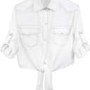 SeekMe Womens Denim Shirts Tie Front Crop Top Button Down Chambray Jean Shirts (Size X-Large, White)