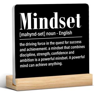 Office Desk Decor Inspirational Mindset Definition Acrylic Plaque Sign With Wooden Stand Motivational Gifts for Coworkers Employees Teammate Decoration for Home Office Cubicle