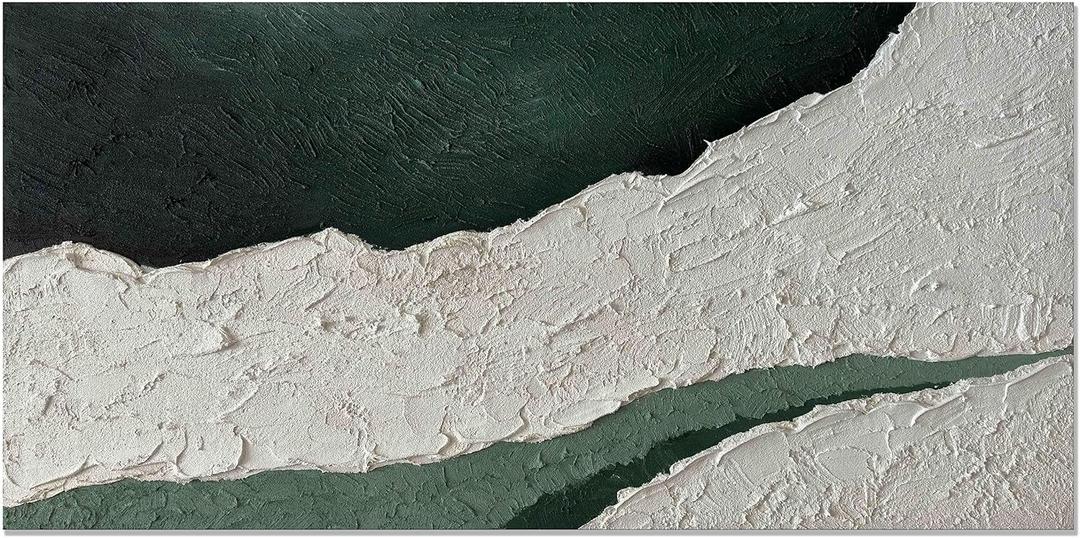 UXYZART Hand-painted Oil Painting 24x48 inches Abstract Thick Textured Green and White Wall Art 2025 Minimalist Artwork Horizontal Canvas Wall Art for Home Walls