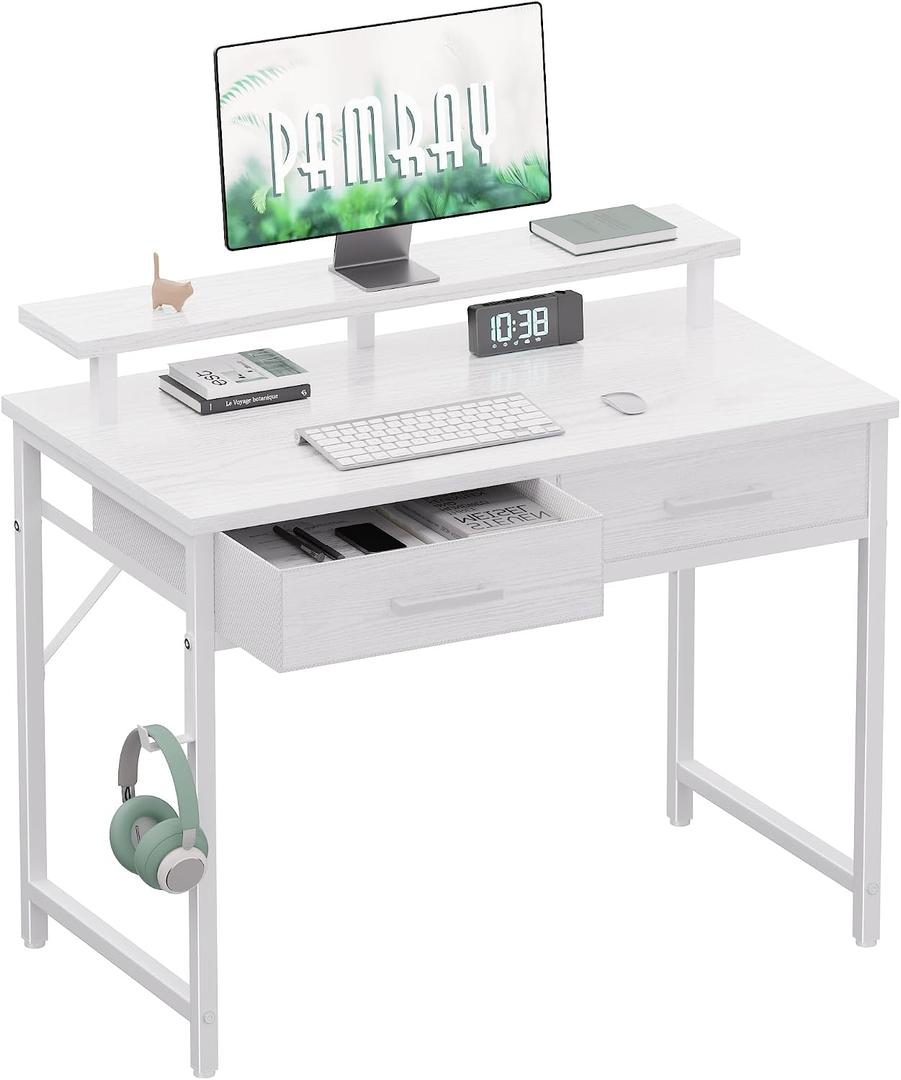 Pamray 32 Inch Small Computer Desk with Monitor Stand Home Office Desks with 2 Drawers for Bedroom Study Writing and Work Table for Small Spaces White