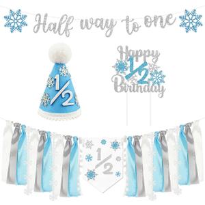 1/2 Birthday Snowflake Half Birthday Decorations - Snowflake It's My 1/2 Birth Banner Glitter Cake Topper Tassel High Chair Banner & Crown, Hat Halfway to One Boy Girl Party Supplies