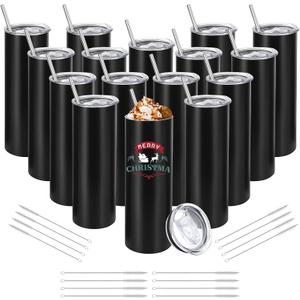 YOUKE OLA 16 Pack Stainless Steel Skinny Tumblers Straight Double Wall Insulated Tumbler Bulk with Lid and Straw for, DIY Gift, 20oz Black