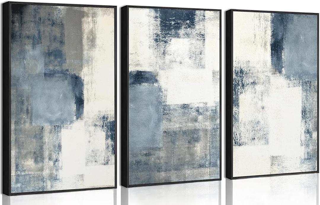 Wavkkey 3Pcs Navy Blue Abstract Wall Art Modern Minimalist Neutral Blue White Grey Abstract Poster Painting Picture Wall Decor Canvas Print Artwork for Living Room Bedroom Home Decoration Unframed