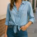 Dauocie Women's Front Tie Tops Casual 3/4 Roll Up Sleeve Button Up Shirts with Pocket (Blue, XXL)